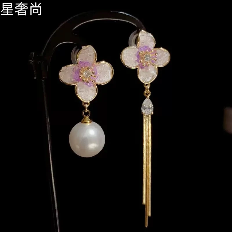 合金合成锆石耳饰 星奢尚 不对称花朵白珠流苏耳环轻奢时尚气质HJ