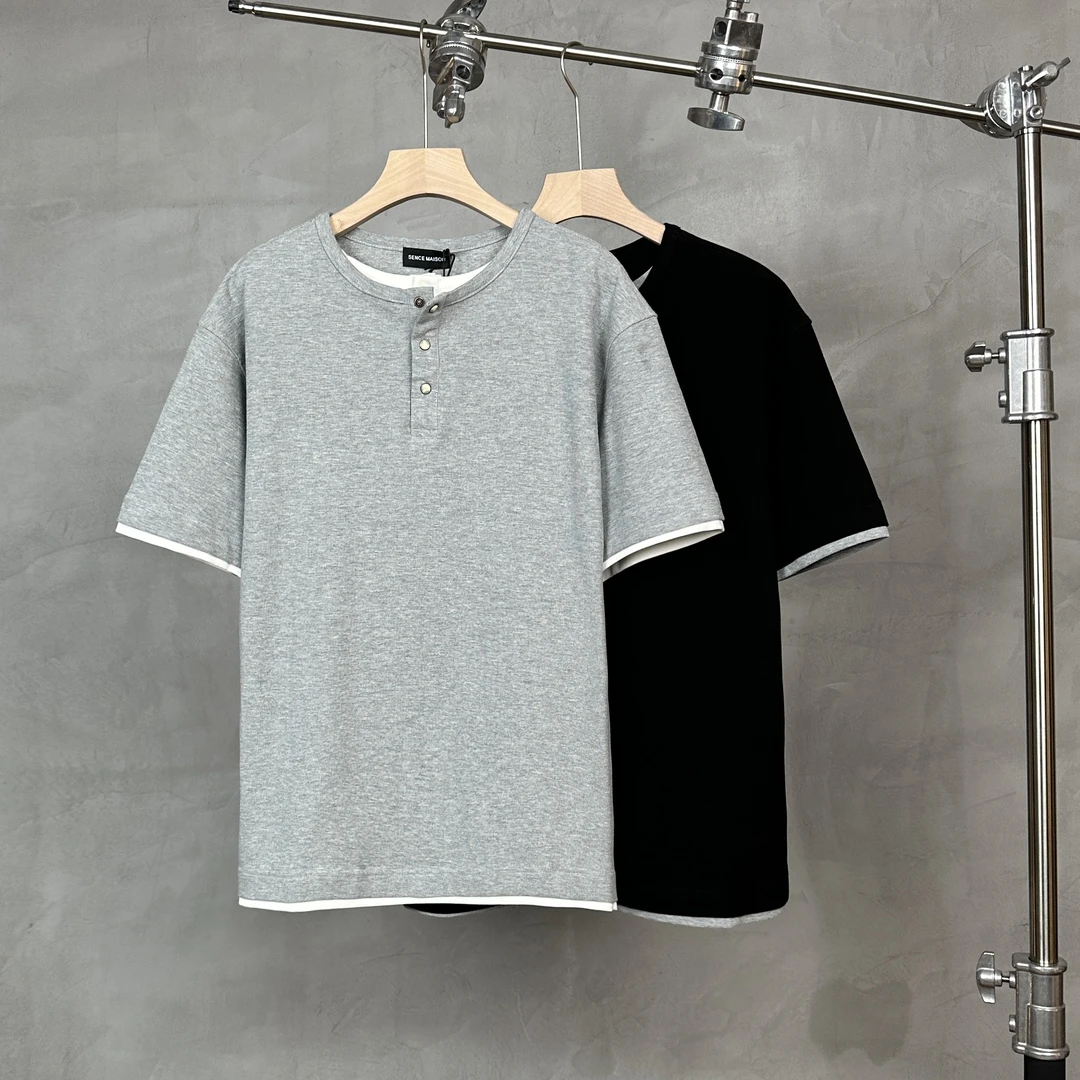 （楠悦）夏季新款短袖棉T圆领假两件套纯色休闲百搭T恤潮男情侣