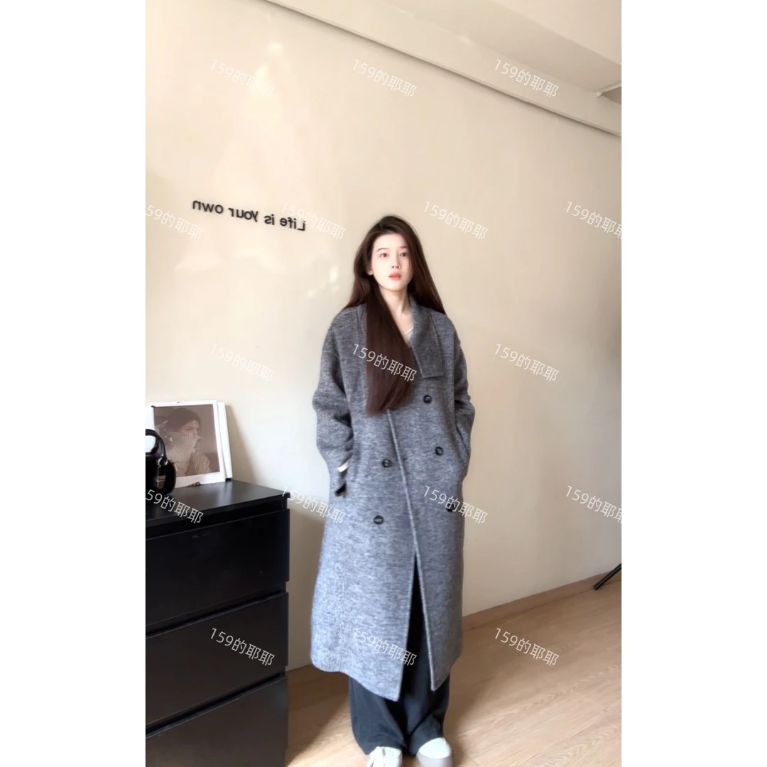 2024双面羊毛长款立领宽松双排扣大衣外套女冬YY35