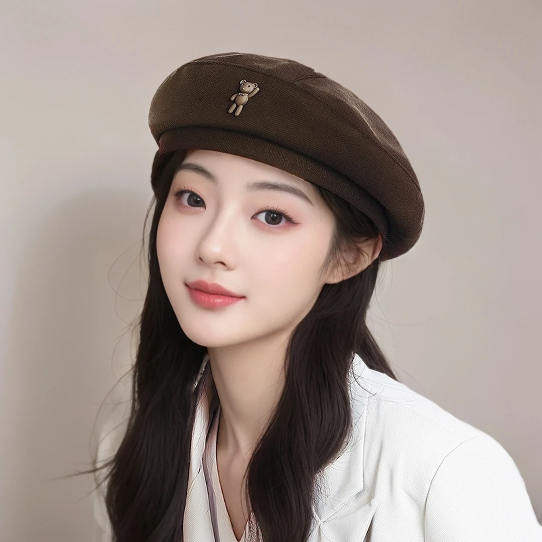 韩版日系可爱小熊毛呢贝雷帽女四季新款淑女帽子显脸小气质画家帽