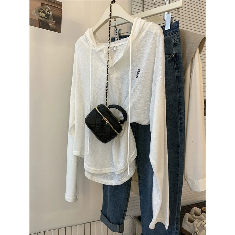 胖mm夏季大码设计感宽松长袖t恤女装薄款连帽防晒外套罩衫上衣服