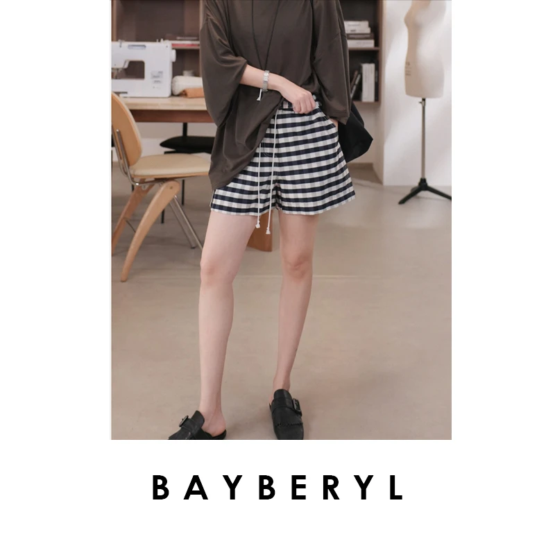 BAYBERYL老贝格子拼色抽绳时尚秋百搭松紧腰休闲裤XXK5B1906