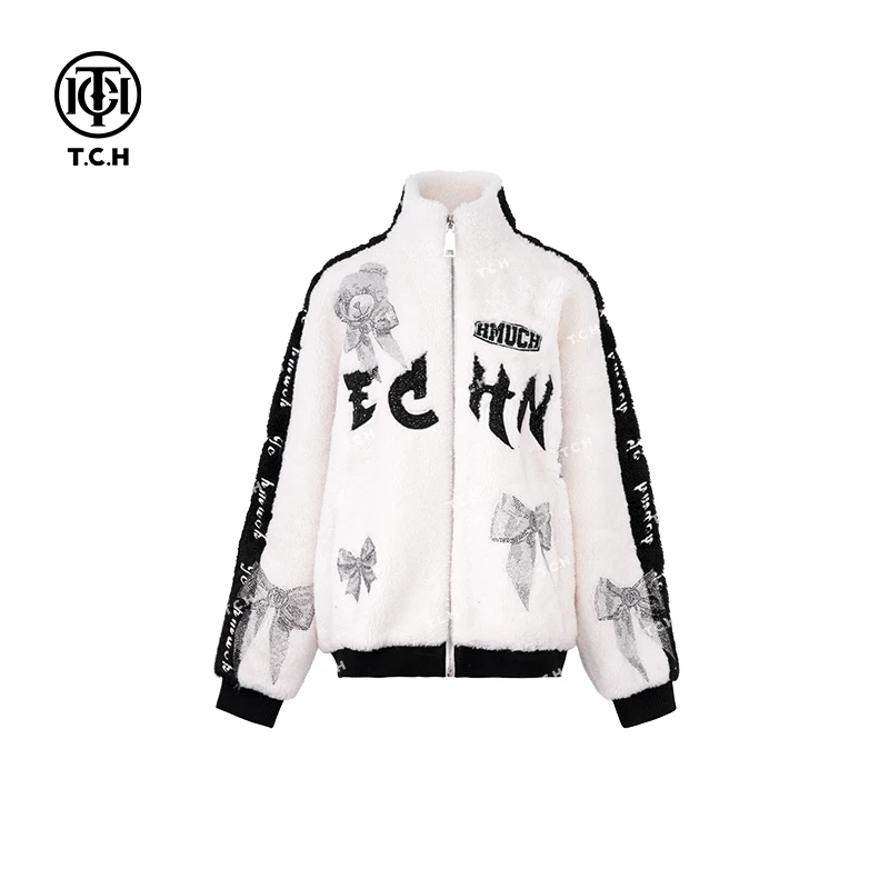 -TCH潮牌轻奢烫钻工艺立领气场强大洋气保暖毛毛外套T75A27E5003