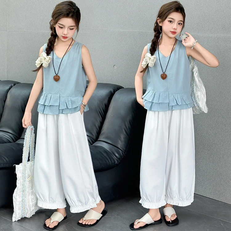 女童套装休闲薄款夏季中大儿童学生时髦韩系无袖阔腿裤夏日甜美新