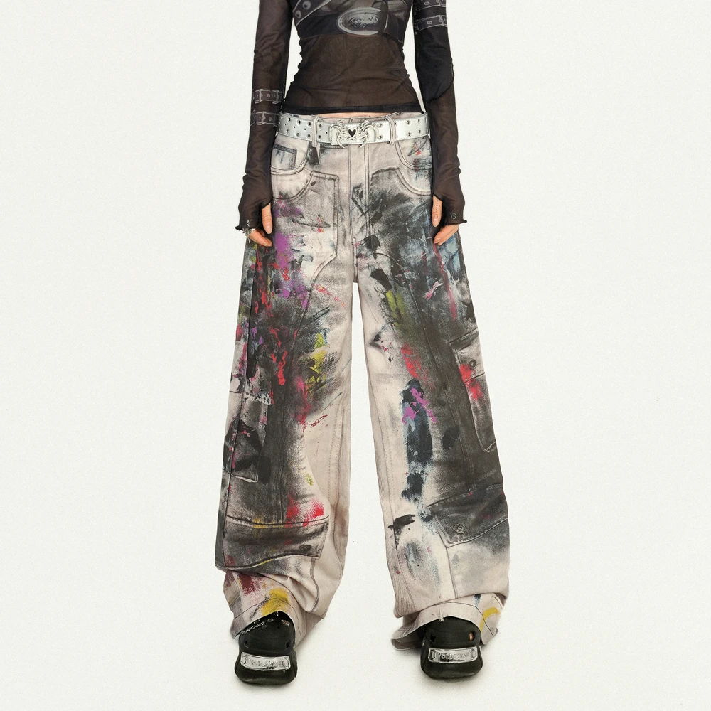 奶酷墨莉美式高街设计感涂鸦印花牛仔裤辣妹废土风脏染拖地-NK498