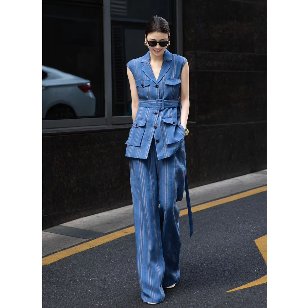 欧洲站女装法式腔调条纹亚麻套装复古气质女神修身马甲阔腿裤两件