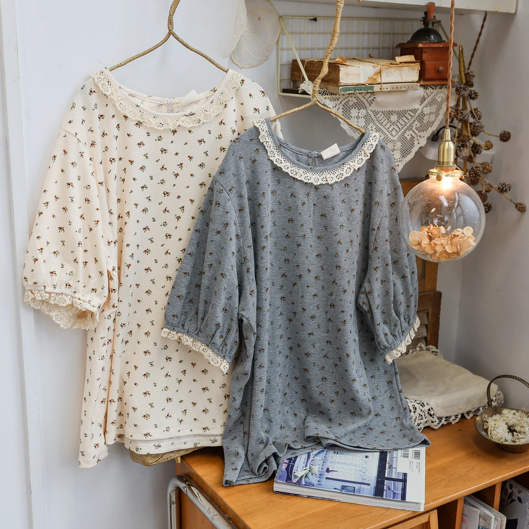 美村2025夏新款日系女装小清新碎花蕾丝半袖短袖圆领纯棉T恤上衣