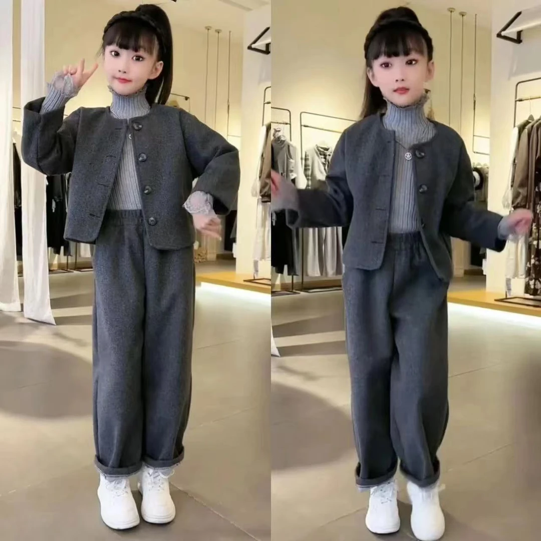 女童2024秋冬气质灰色毛呢套装韩版小香风圆领外套哈伦裤两件套