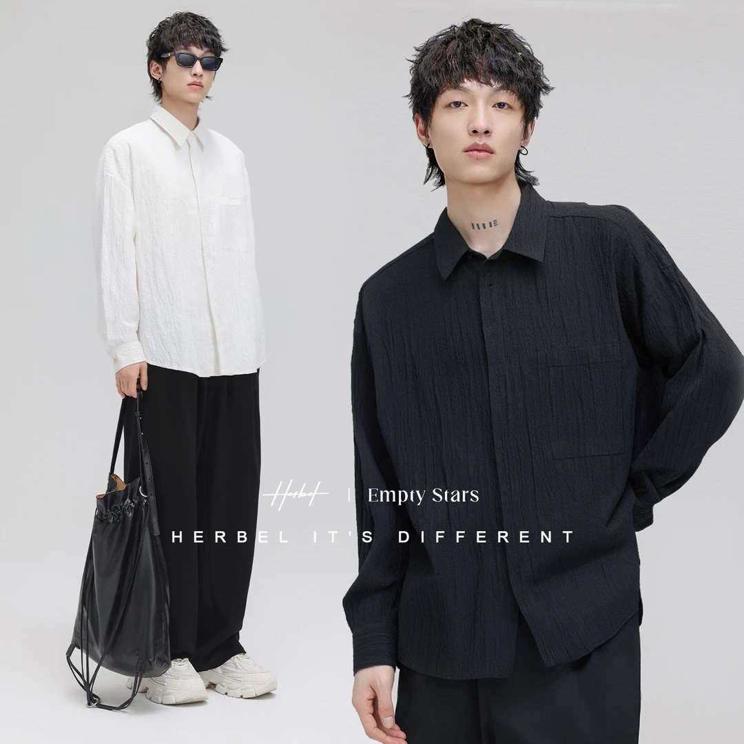 HERBEL/黑白2025春季长袖衬衫外套休闲潮流日系衬衫双色宽松衬衣
