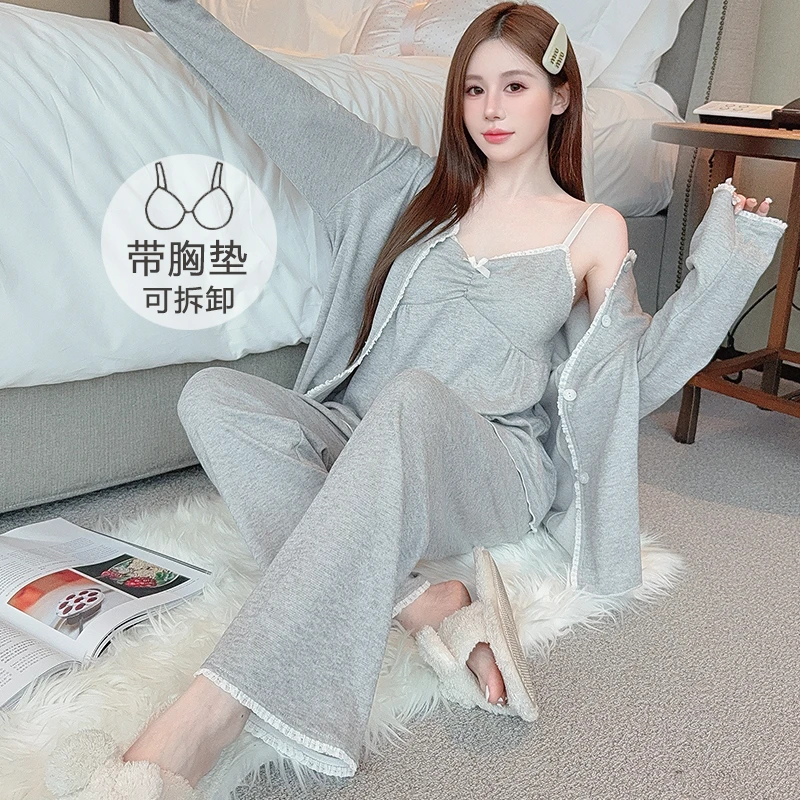 柔软羊绒大码200斤冬季长袖睡衣胖M小性感吊带网红带胸垫三件套装