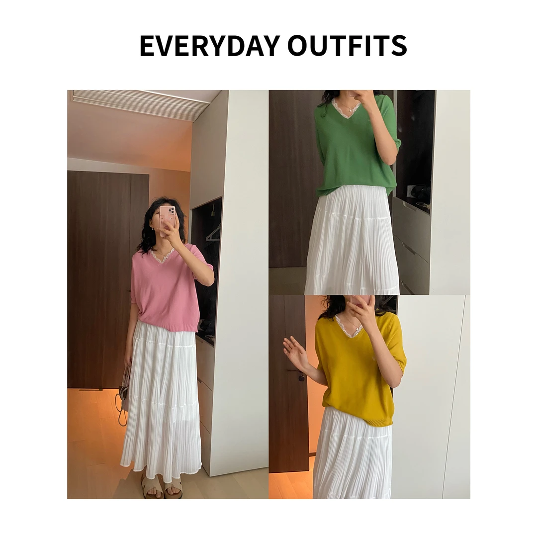 RIDA· 蕾丝V领小衫5D02休闲百搭小众夏季宽松复古 25017清仓