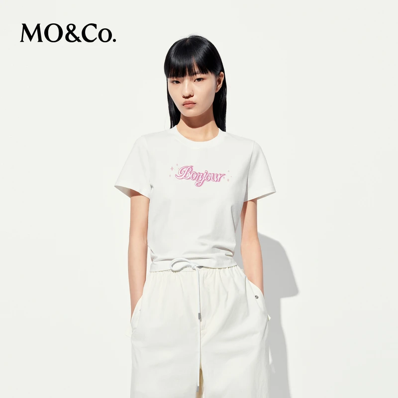 MOCO短袖T恤2025夏新品字母印花正肩收腰短款上衣辣妹MBE2TEET14