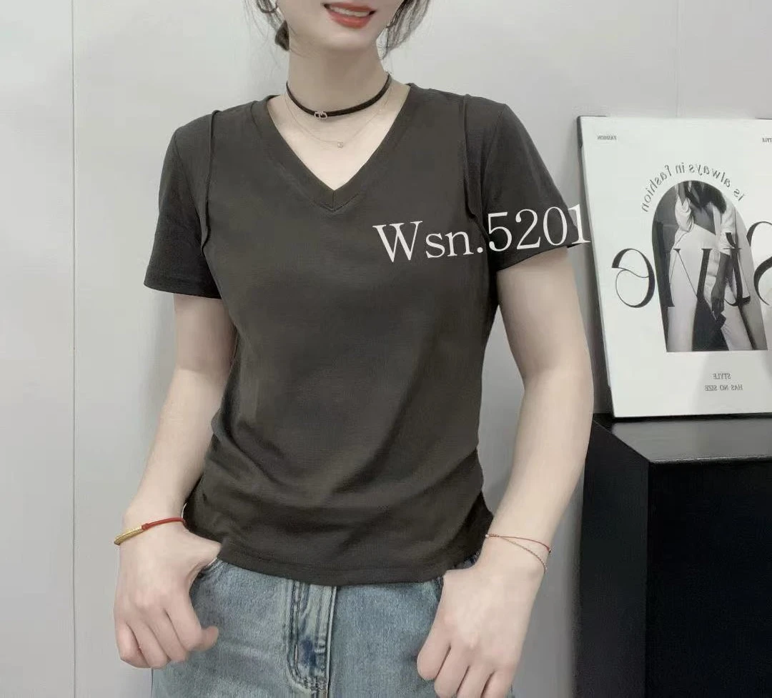 正肩V领短袖T恤女2025新款夏季修身收腰纯色短款下摆不规则显瘦