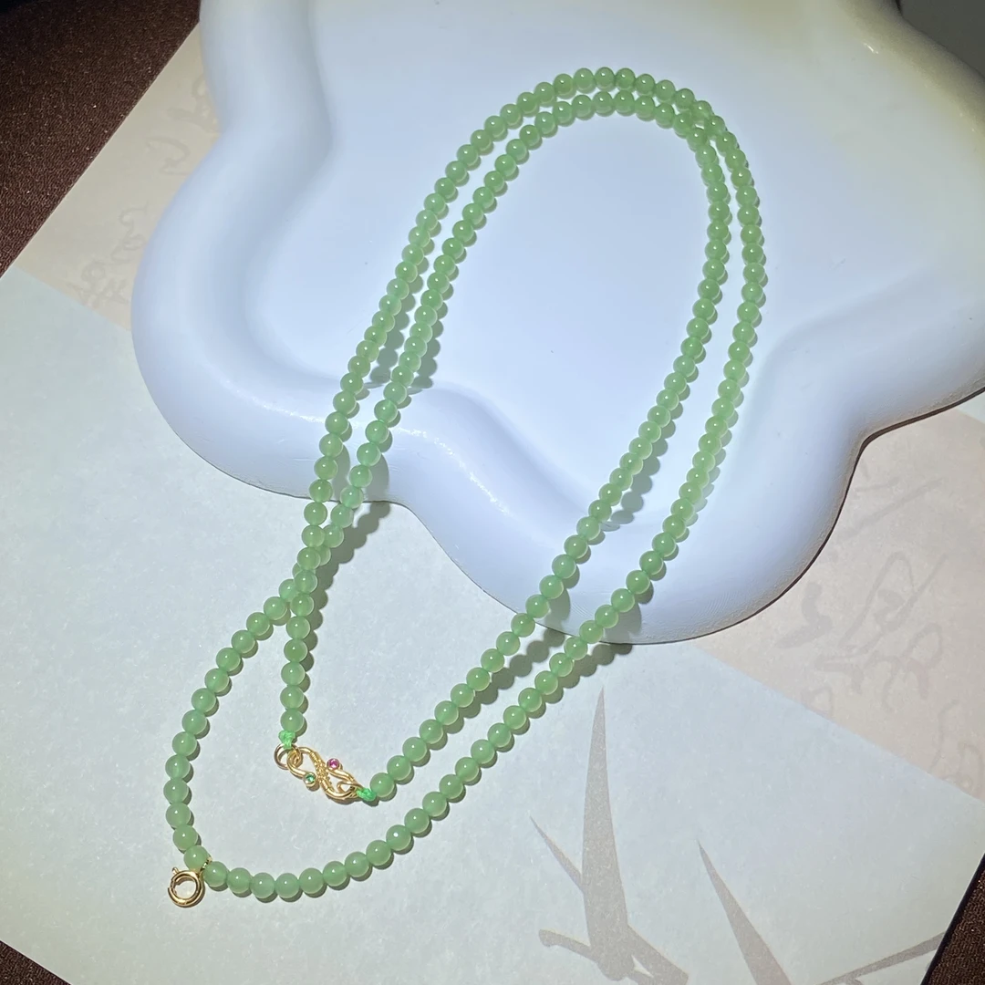 【渠小姐精选】CL618 和田玉碧玉乌兰乌德苹果绿长链约卡3.5mm