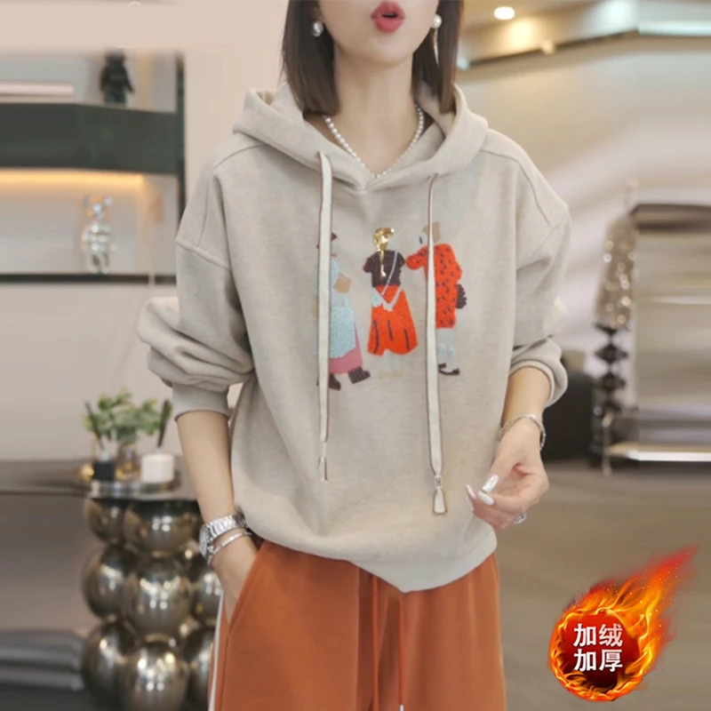 韩版加绒加厚刺绣连帽卫衣女2025冬季新款宽松显瘦休闲减龄上衣