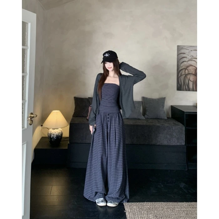 修身显瘦格子抹胸背心阔腿长裤长袖针织开衫女2025秋季时尚套装潮