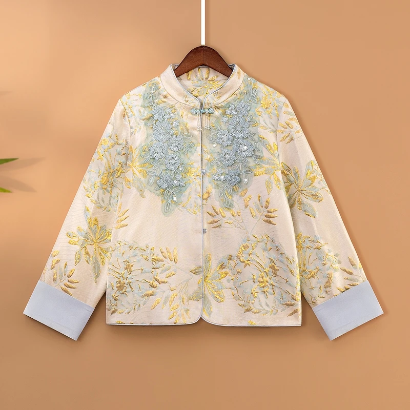 【栀瑜】2025新款春季新中式上衣宽松国风钉珠绣花立领气质外套女款