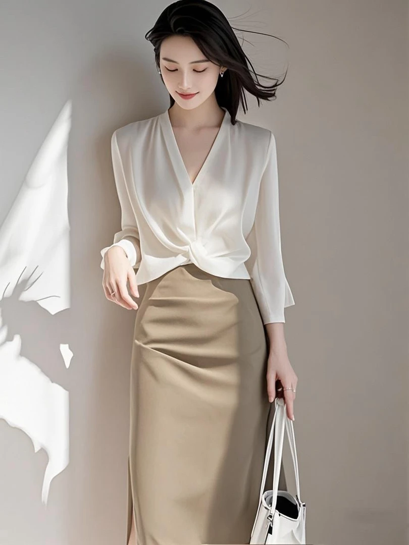 拼接V领法式名媛轻奢白色上衣女早秋独特气质设计感小众优雅衬衫