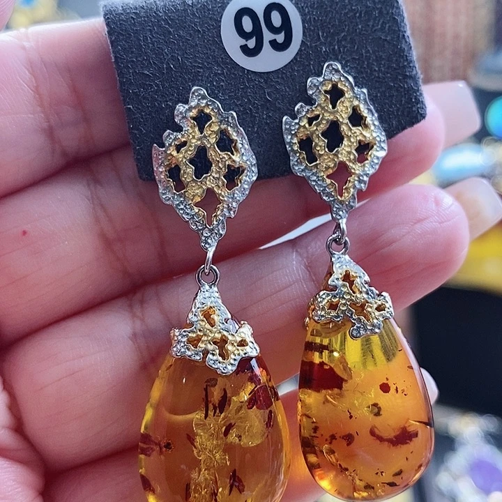 琥珀银S925镶嵌耳饰耳环