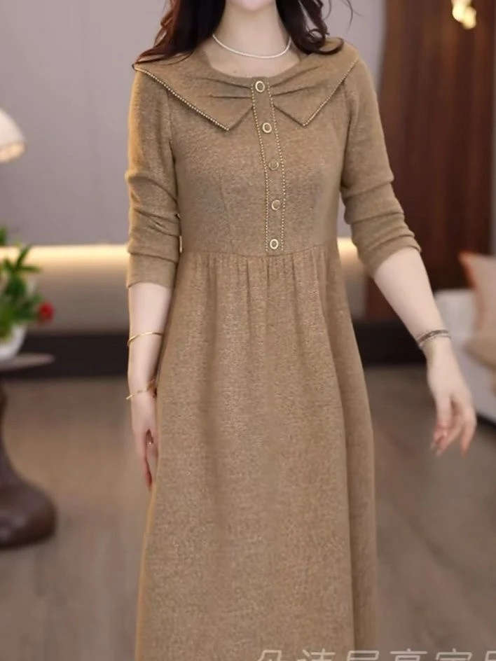 高级磨毛精纺气质洋气假俩件礼服裙2025秋季新款修身显瘦遮肉裙子