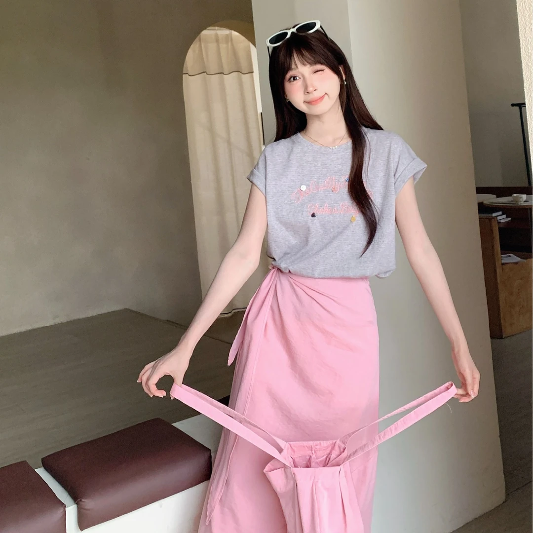 慕兔韩版简约显瘦T恤搭配a字宽松半身裙两件套女2025夏新款