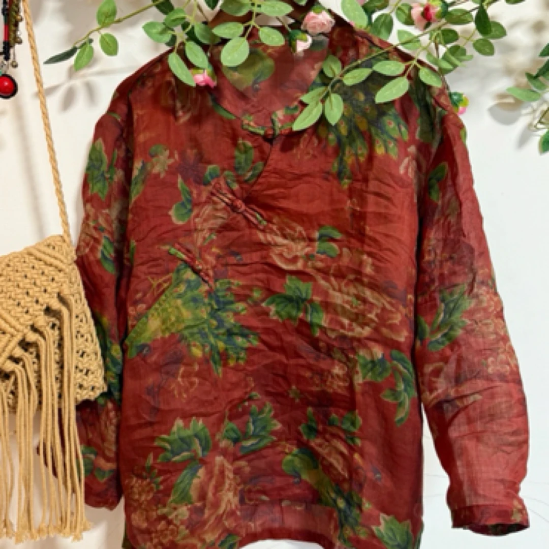 苎麻红大花斜襟盘扣衫（衣长65胸围120）