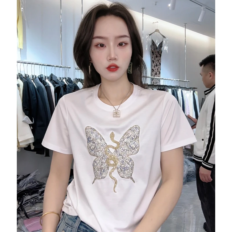2025春夏百搭舒适简约亲肤重工刺绣设计时尚洋气蝴蝶圆领T恤女潮