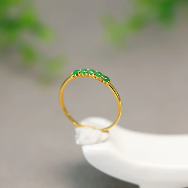 #I376 18K金镶嵌冰种满绿天然A货翡翠蛋面戒指群镶排戒女戒