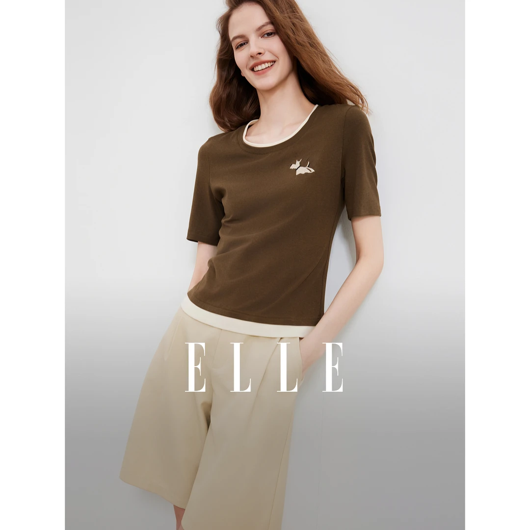 ELLE咖色复古休闲短袖t恤女2025夏季新款圆领撞色刺绣上衣ET51680