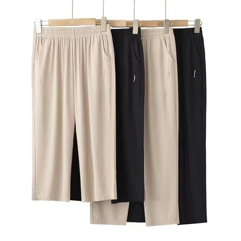 中老年夏装女妈妈九分裤老太太春秋奶奶裤子薄款松紧腰高腰休闲裤
