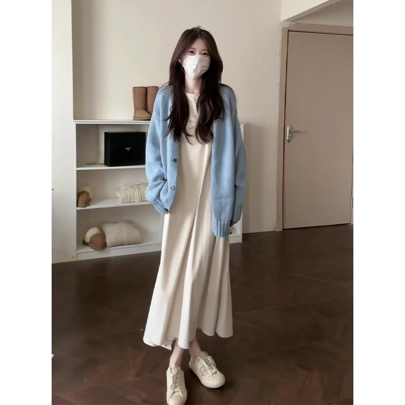 2025早秋新款女法式气质宽松长袖毛衣开衫百搭收腰显瘦背心连衣裙
