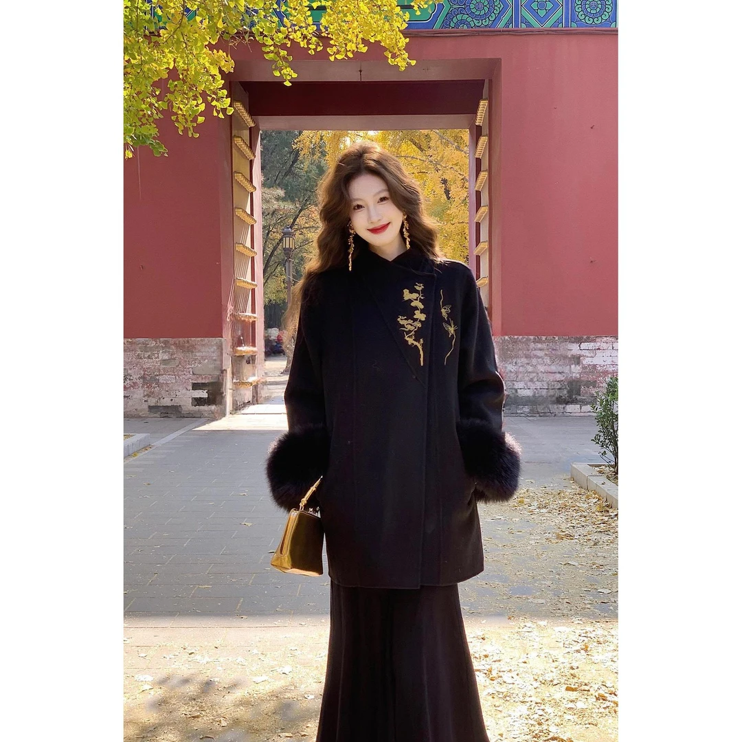 中式】北黑蝶雪松新【色刺绣短款毛呢大衣女冬季毛袖国风气质外套