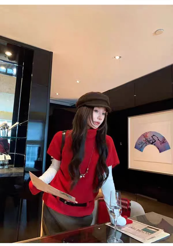 F1262 红莓耶诞红色氛围感高领马甲毛衣慵懒风内搭针织带腰带