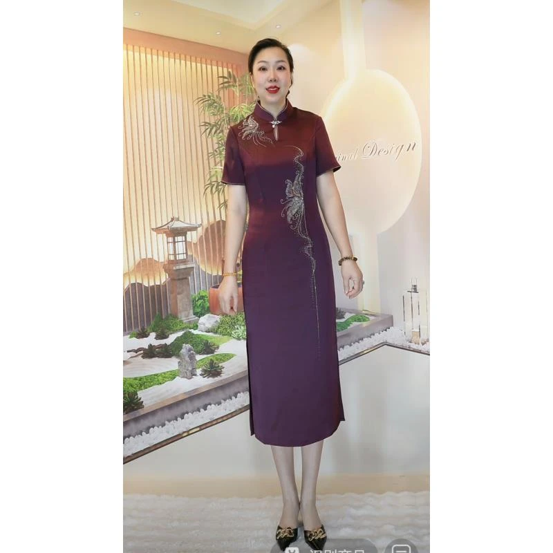 新中式深紫旗袍短袖连衣裙2025年夏季女气质优雅高端喜婆婆159