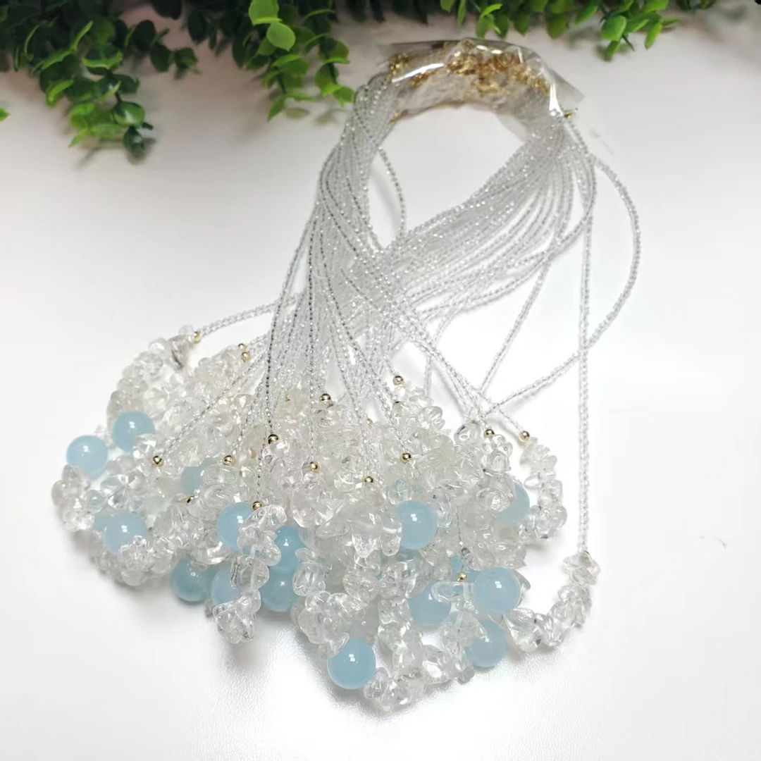 Q397【赵小姐】时尚百搭天然白水晶碎石+海蓝宝项链多样式发其一