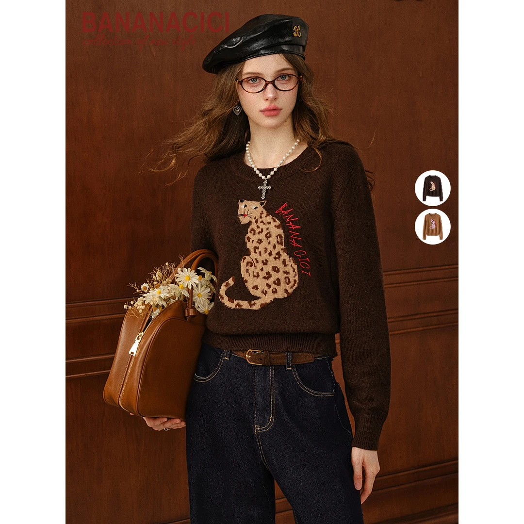 BANANA CICI 2025年秋冬新款原创复古卡通豹子插画针织衫