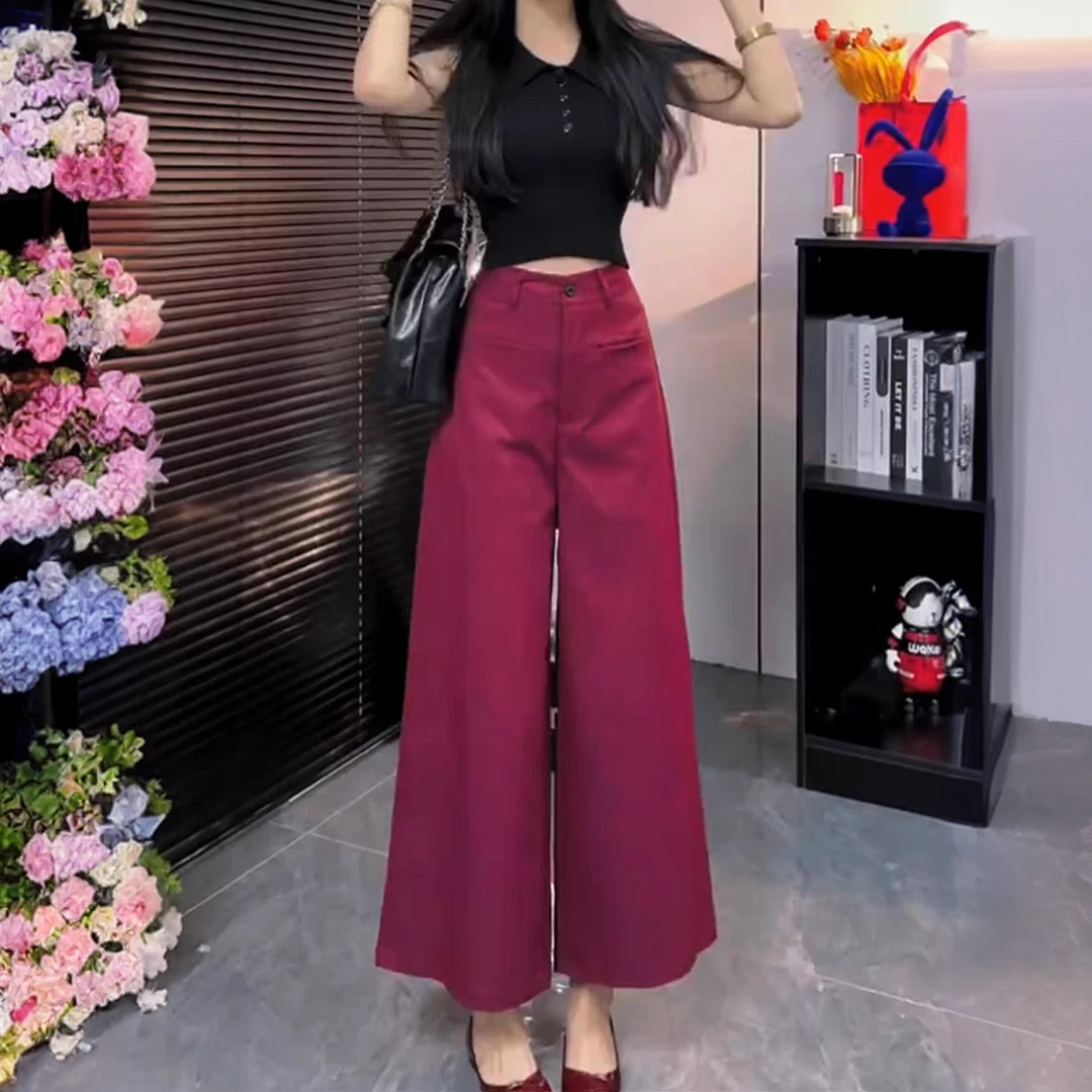 紫红色窄版阔腿裤女夏季2025新款高腰宽松显瘦百搭休闲九分直筒裤