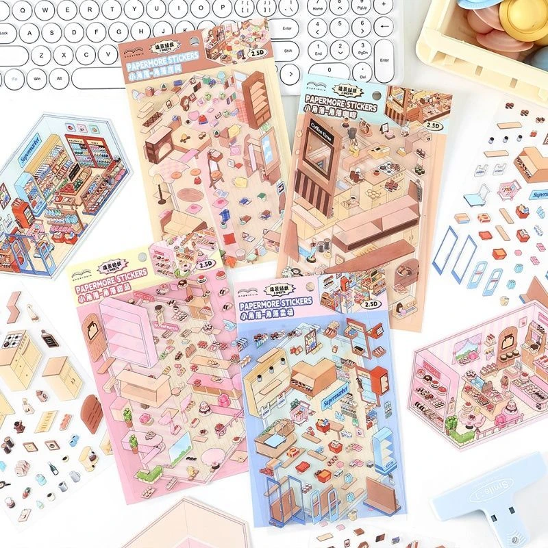 papermore小角落系列微缩场景DIY趣味解压PET白卡2.5D造景贴纸4款