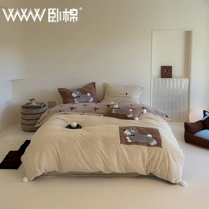 WWW秋冬加厚保暖全消光牛奶绒贴布绣数码印花四件套A0083迷糊小狗