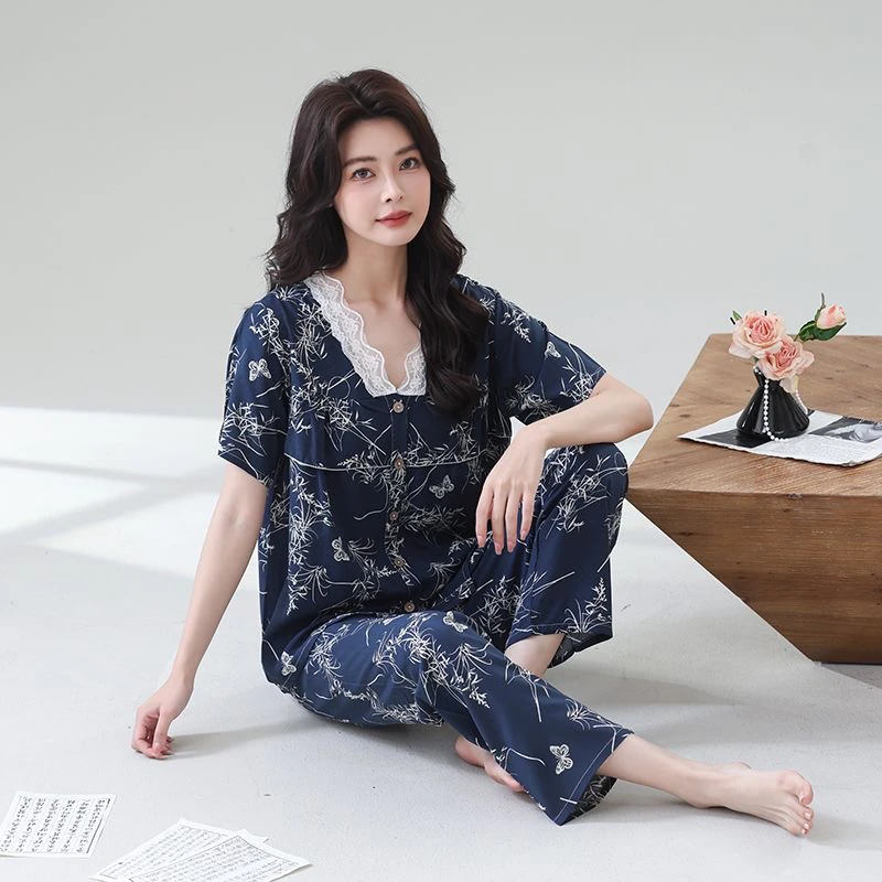 夏季新款开衫睡衣绵绸套装短袖宽松家居服可外穿两件套夏天睡衣女