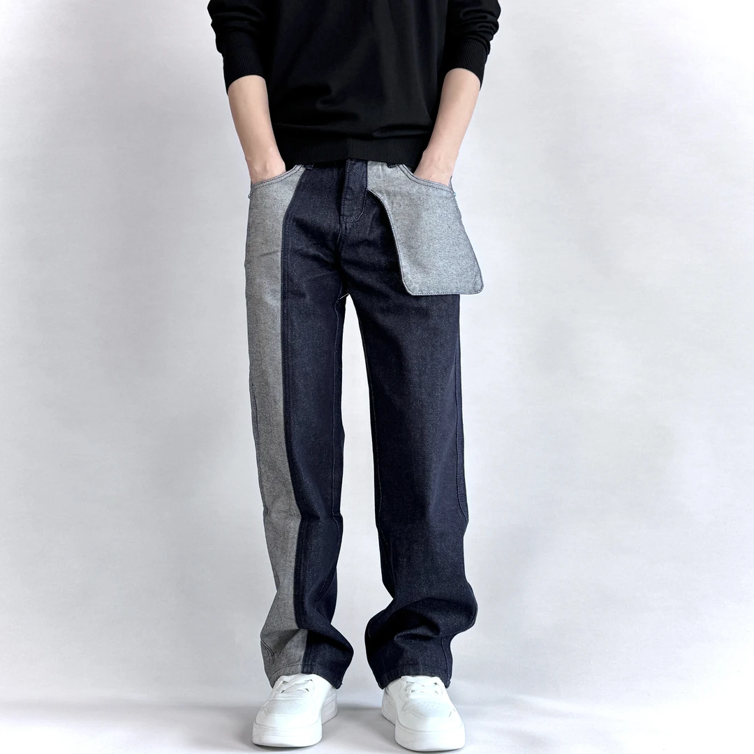 【宽松大直筒】无弹防褪色拼接不对称设计款牛仔裤男士潮流高街美式