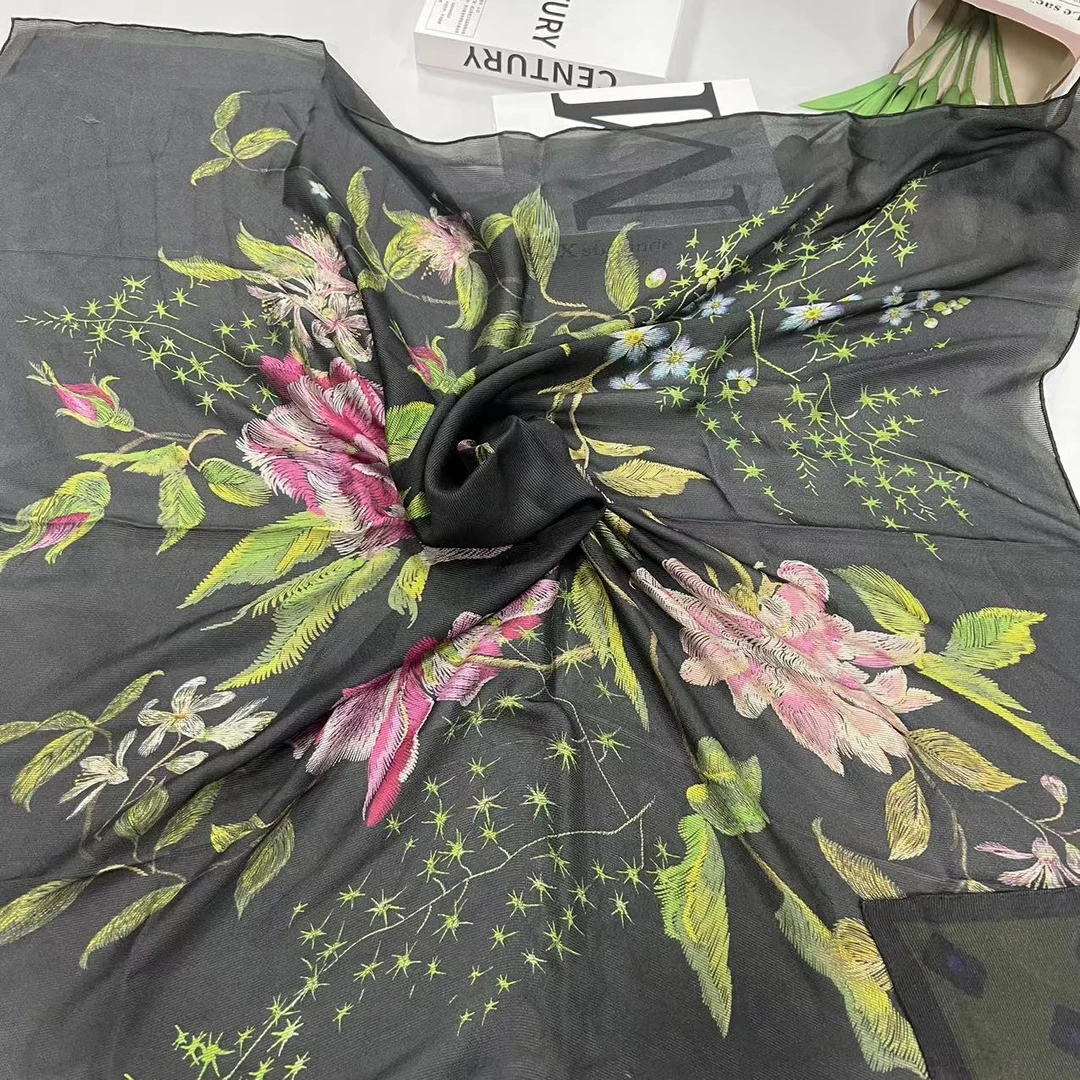 110二经西丽纱方巾-绿黑粉花 105cm丝巾