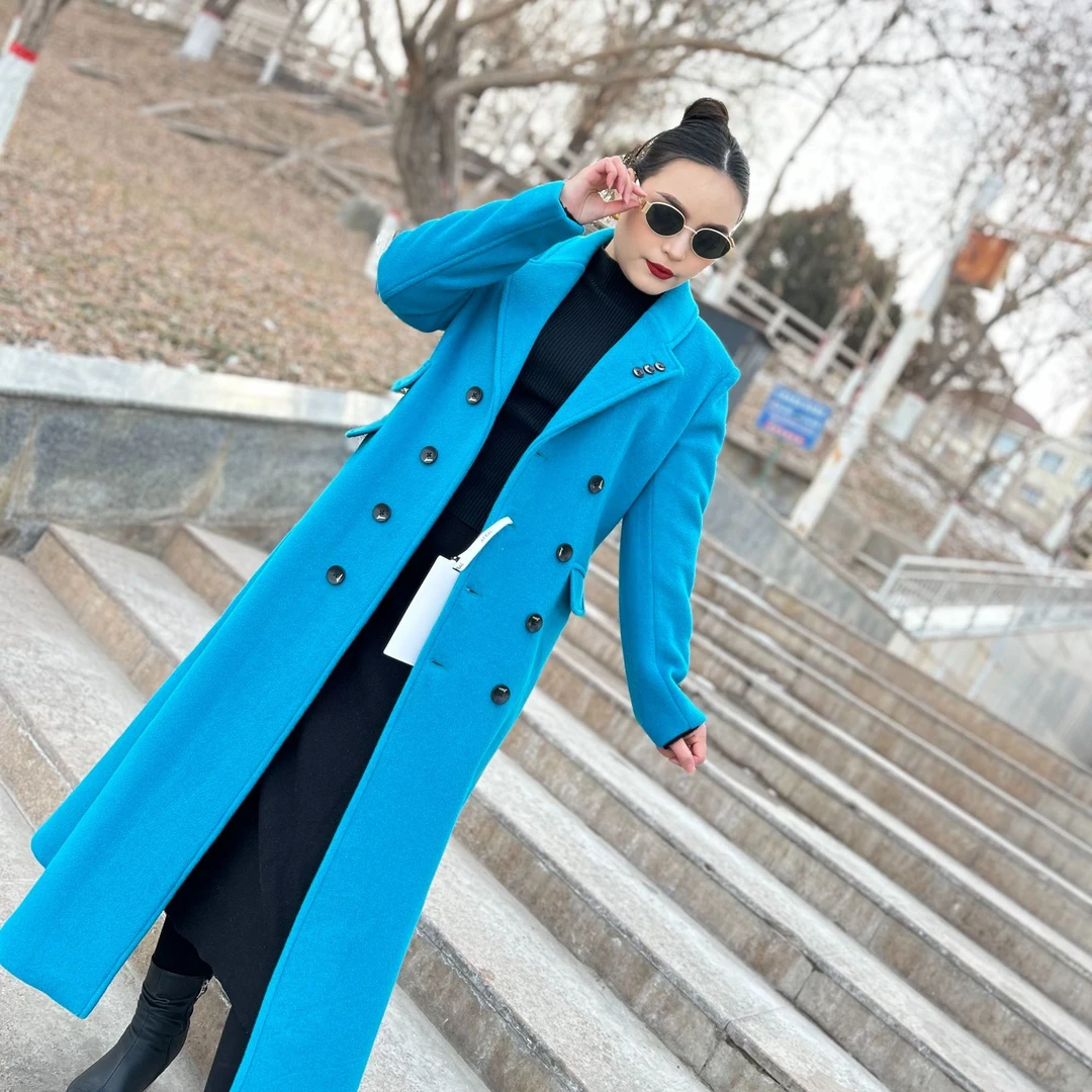 长款树脂固色毛呢外套加厚双排扣蓝色呢大衣冬季洋气气质
