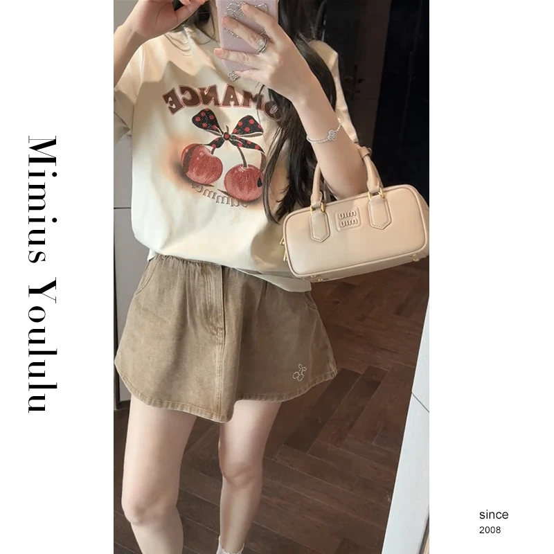 【mimius】七七 韩系甜美字母樱桃印花撞色短袖+正腰裙裤 G04071