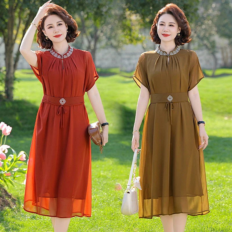 中年女士短袖气质雪纺连衣裙女2025新款夏季收腰显瘦妈妈裙子减龄
