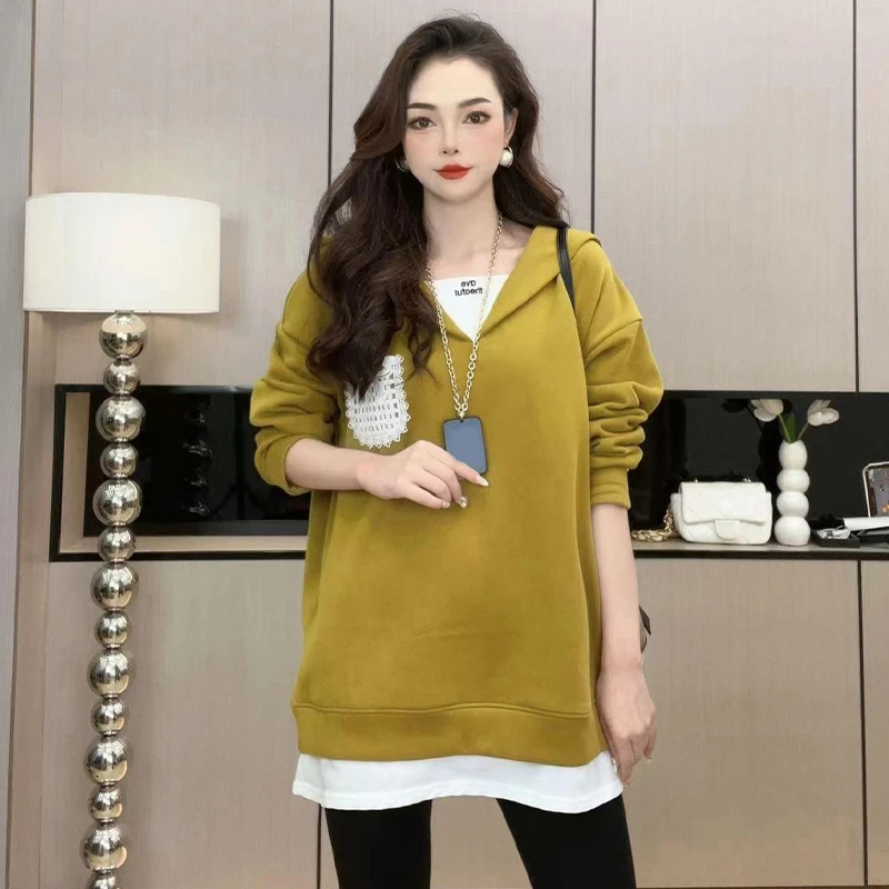 高含棉时尚洋气假两件卫衣女2025年春秋季新款休闲气质中长款上衣