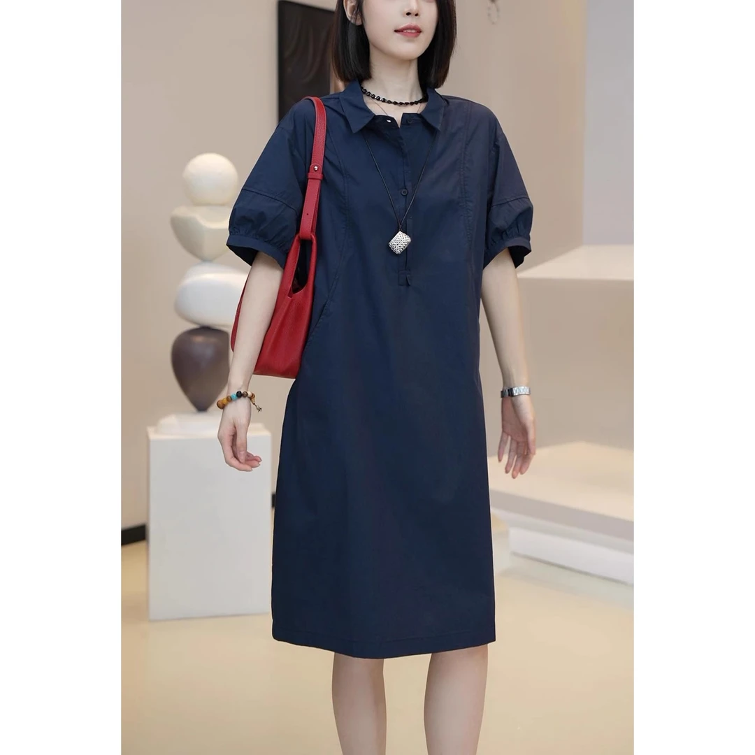 日常通勤短袖显白大气连衣裙2025夏季新款宽松时尚减龄气质中长裙