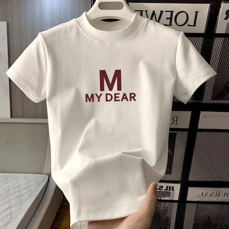 小高领时尚短袖印花T恤个性修身时尚ins白色夏季百搭潮流上衣韩版