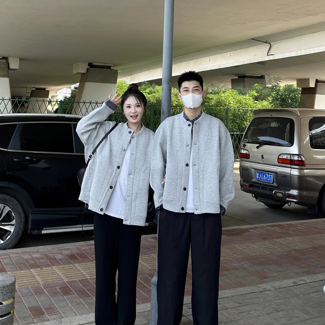 3KU夫妇秋季立领假两件纽扣开衫外套男女情侣休闲宽松上衣WY1366