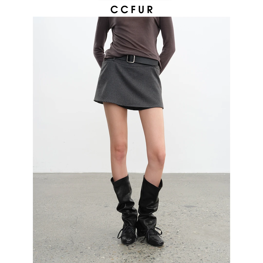 CECI&CCFUR 羊毛半身裙头层牛皮带短裙ce158